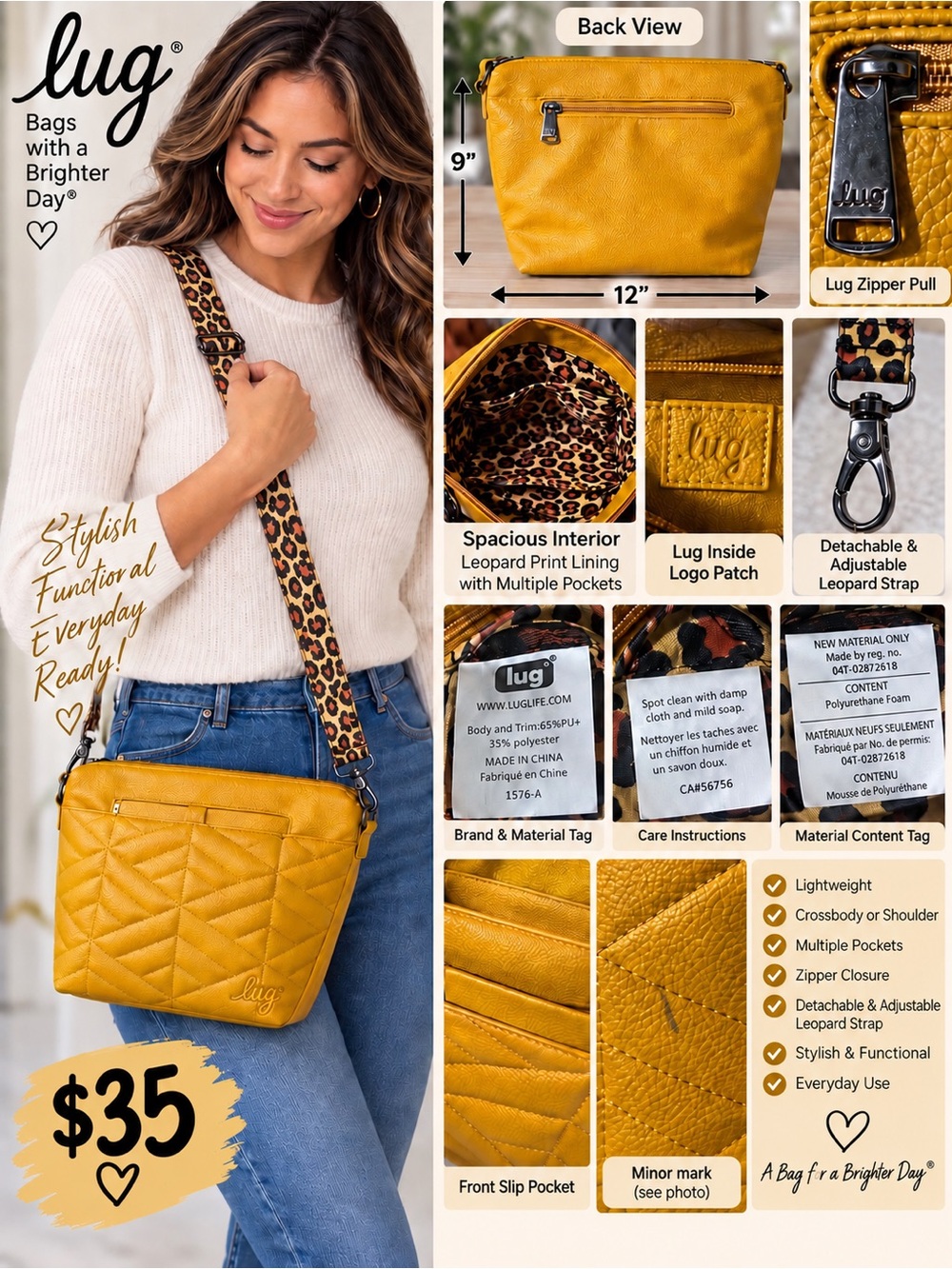 lug Quilted Crossbody Bag in Mustard Yellow with Leopard Strap- little spot